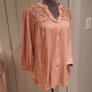 Figuero&Flower💐Lace-Accent Linen/Rayon Blouse in Soft Pink Size L Fits Oversize